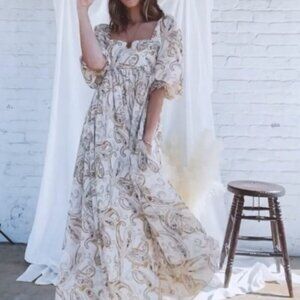 Bittersweet Boutique Stevie Maxi Peasant Paisley Puff Sleeve Dress Mustard